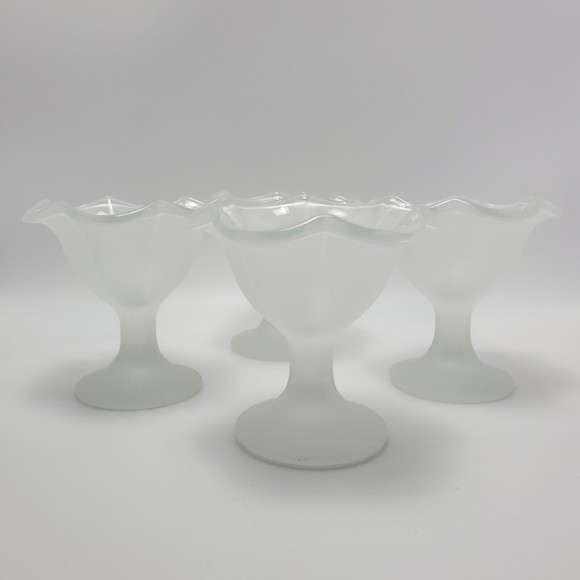 Vintage Pedesta Frosted Tulip Satin Sundae Ice Cream Dessert Glass Dishes 4 Sets - Picture 2 of 12